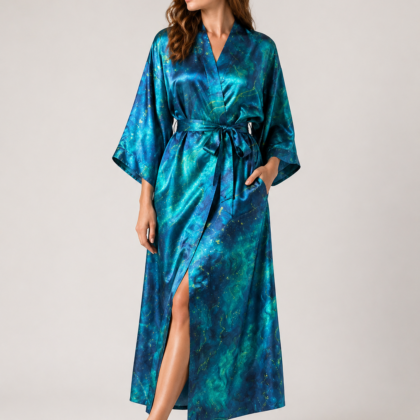 Teal Abstract Fluid Pattern Kimono Loungewear