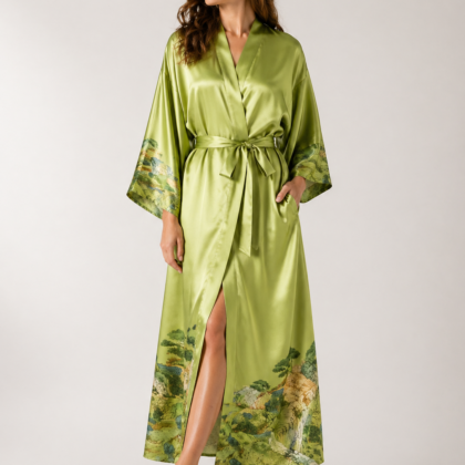 22 Momme Mulberry Silk Robe – Green Kimono
