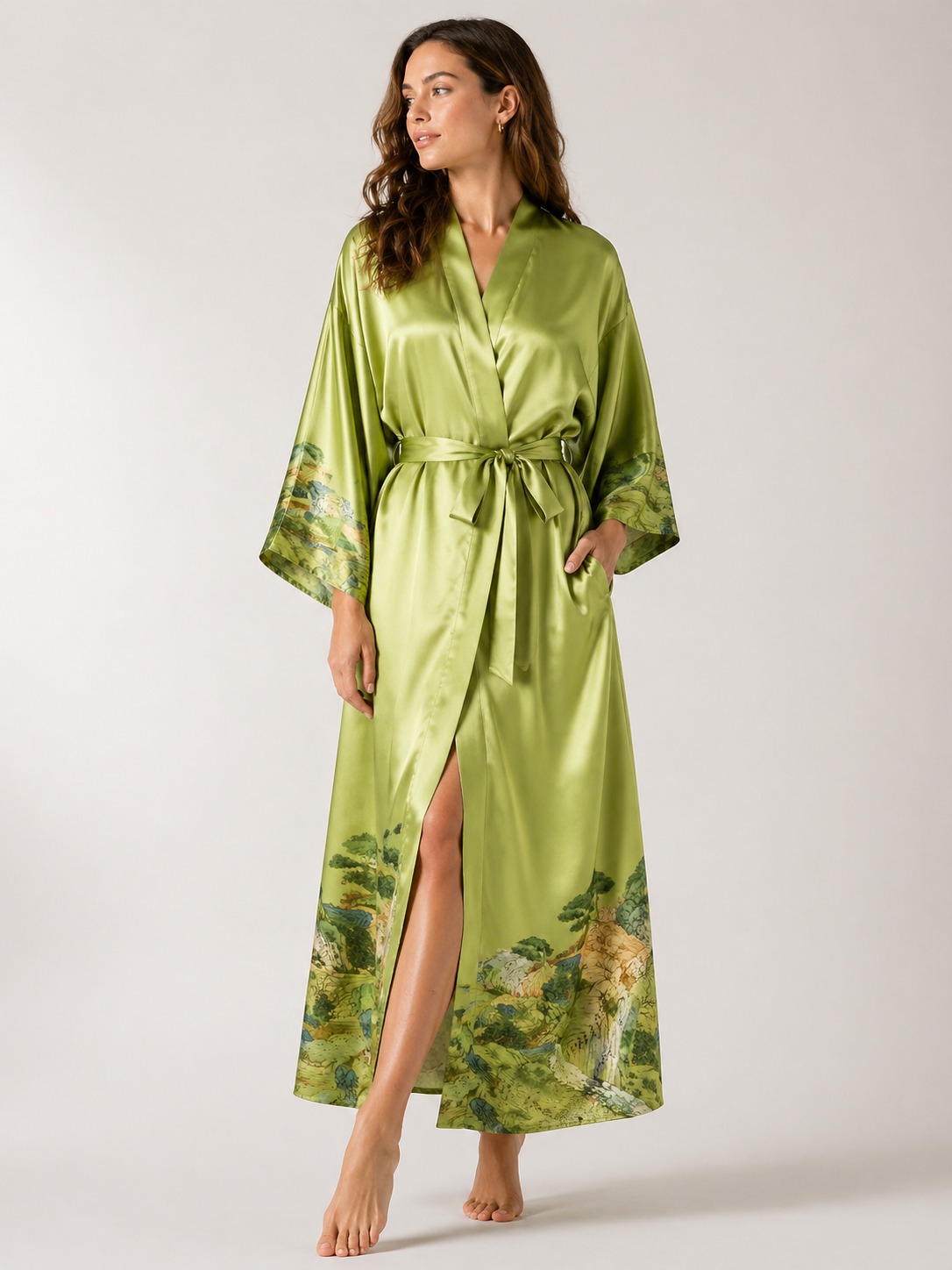 22 Momme Mulberry Silk Robe – Green Kimono