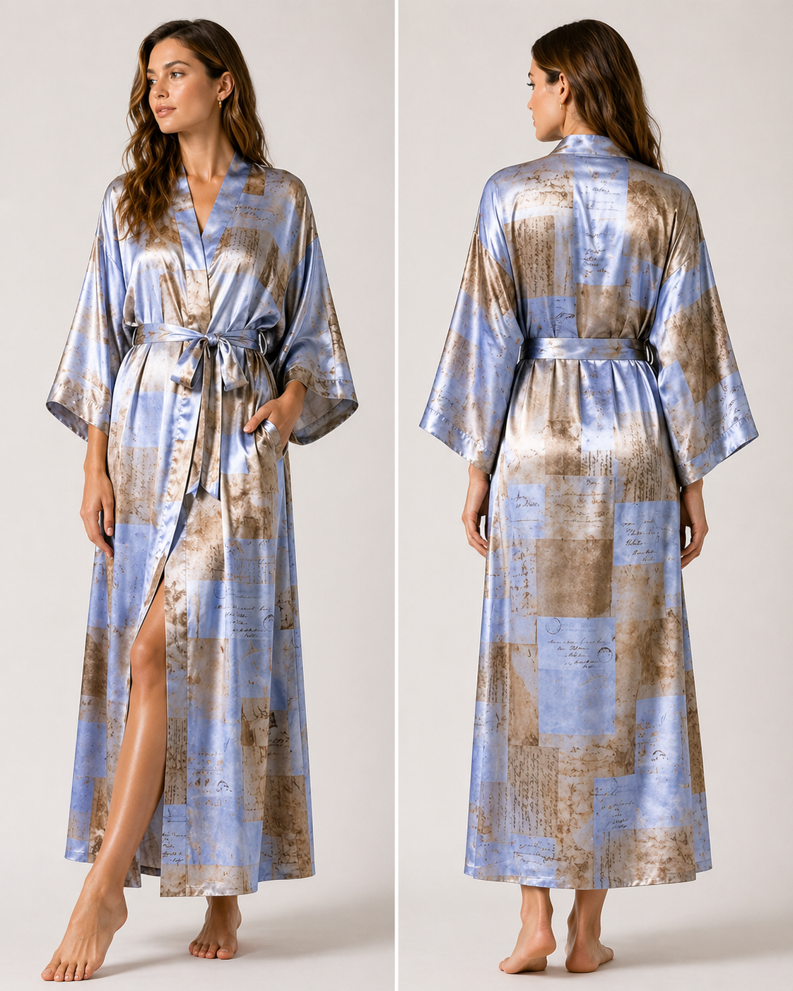 Blue satin robe with abstract pattern and belt