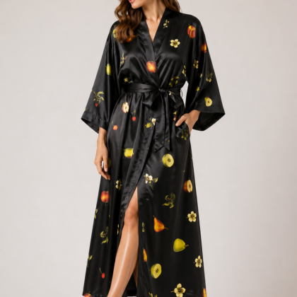 Black satin robe with fruit and floral design