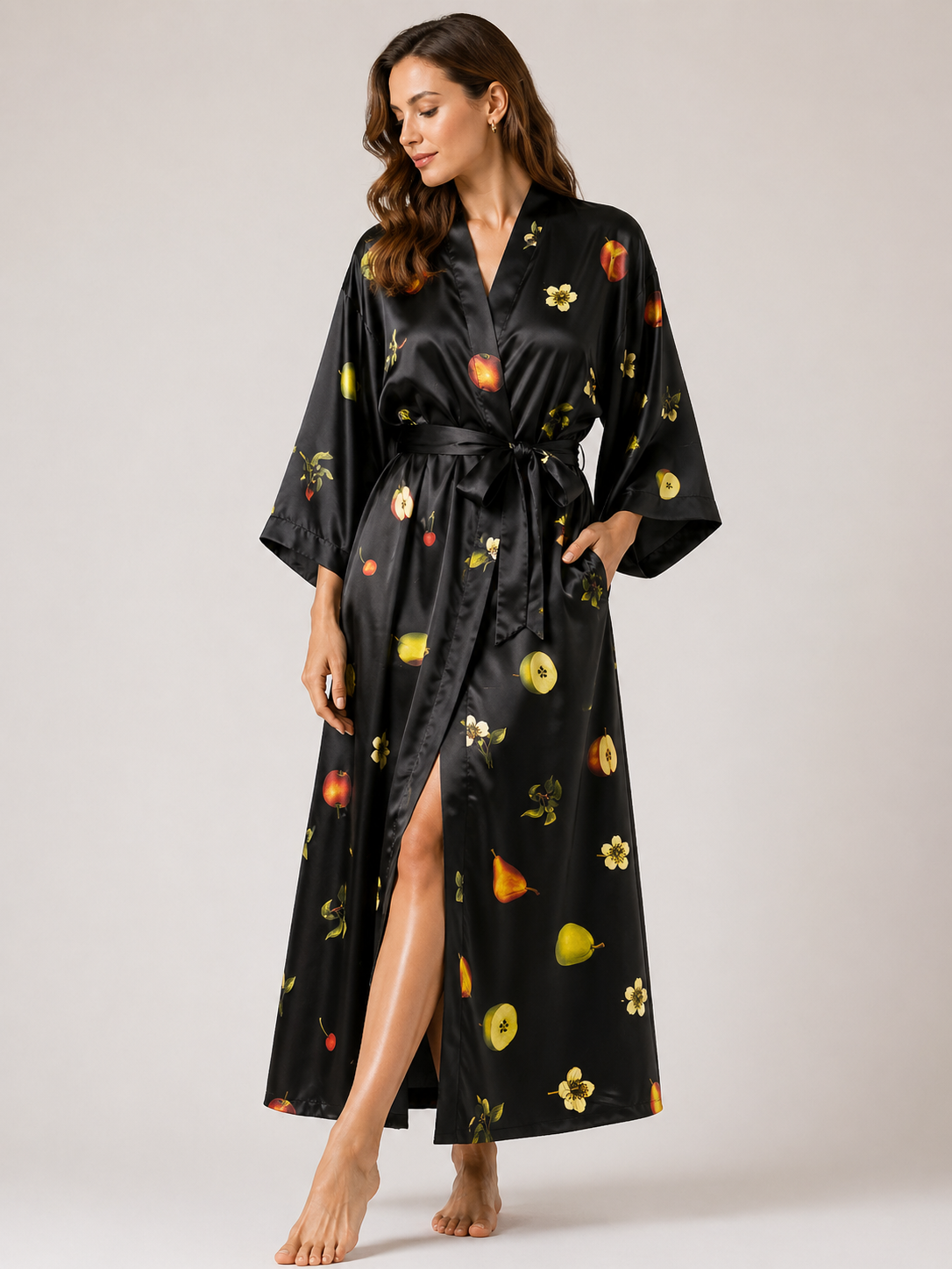 Black satin robe with fruit and floral design