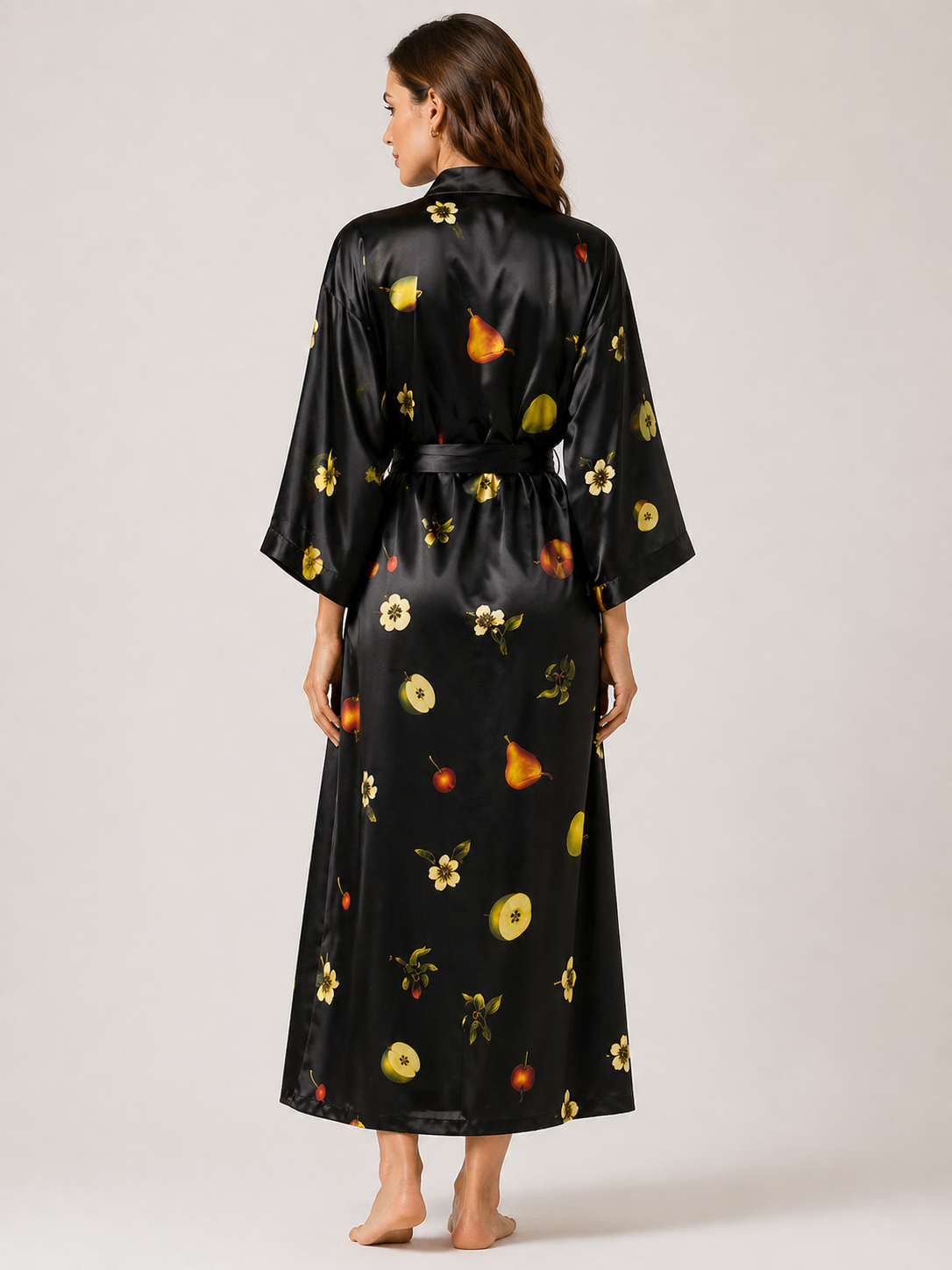 Black satin robe with fruit and floral pattern