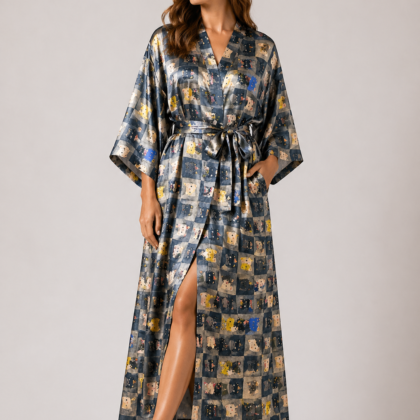 Dark patterned satin robe with waist belt