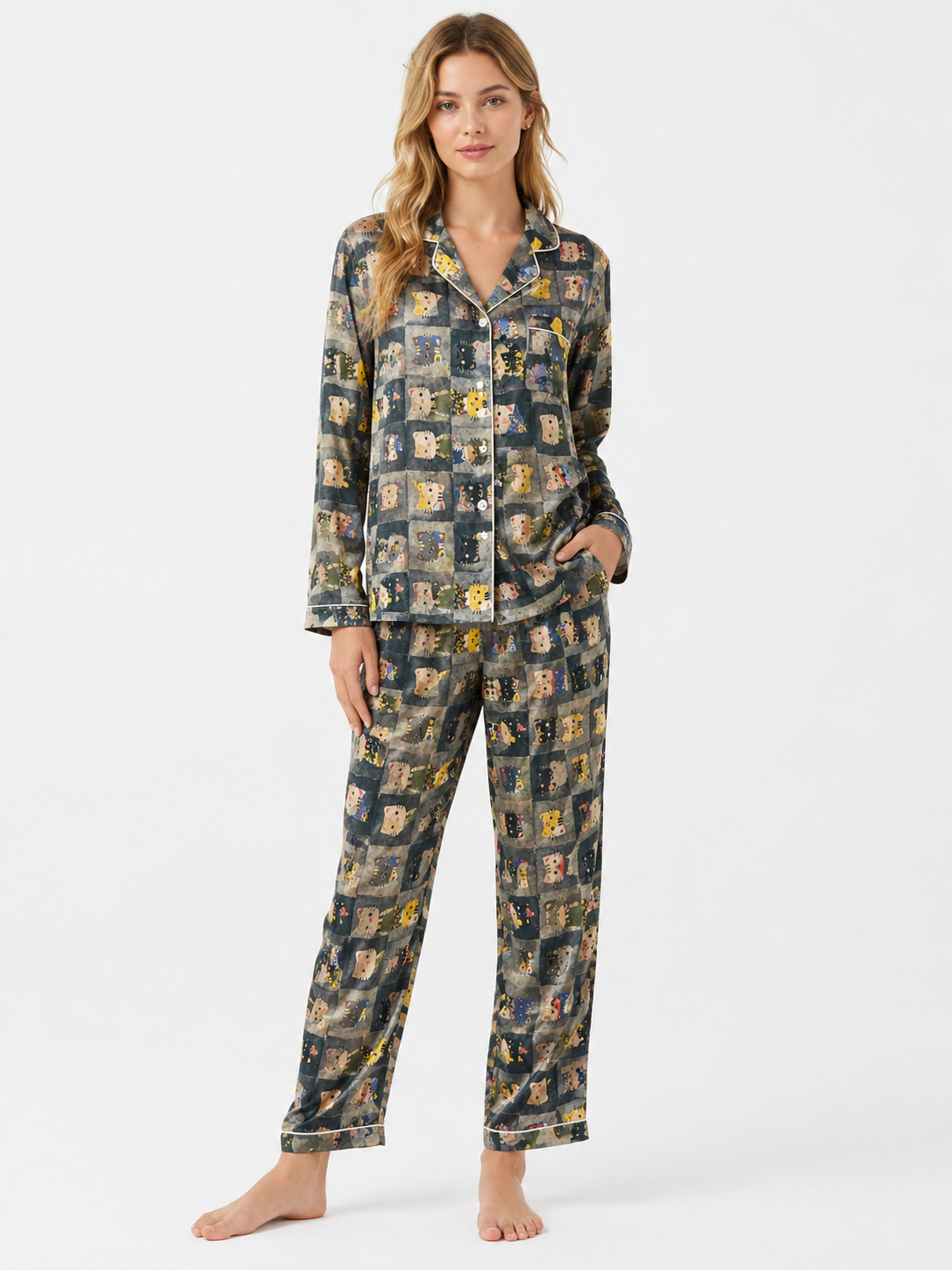 Dark patterned pajama set with long sleeves