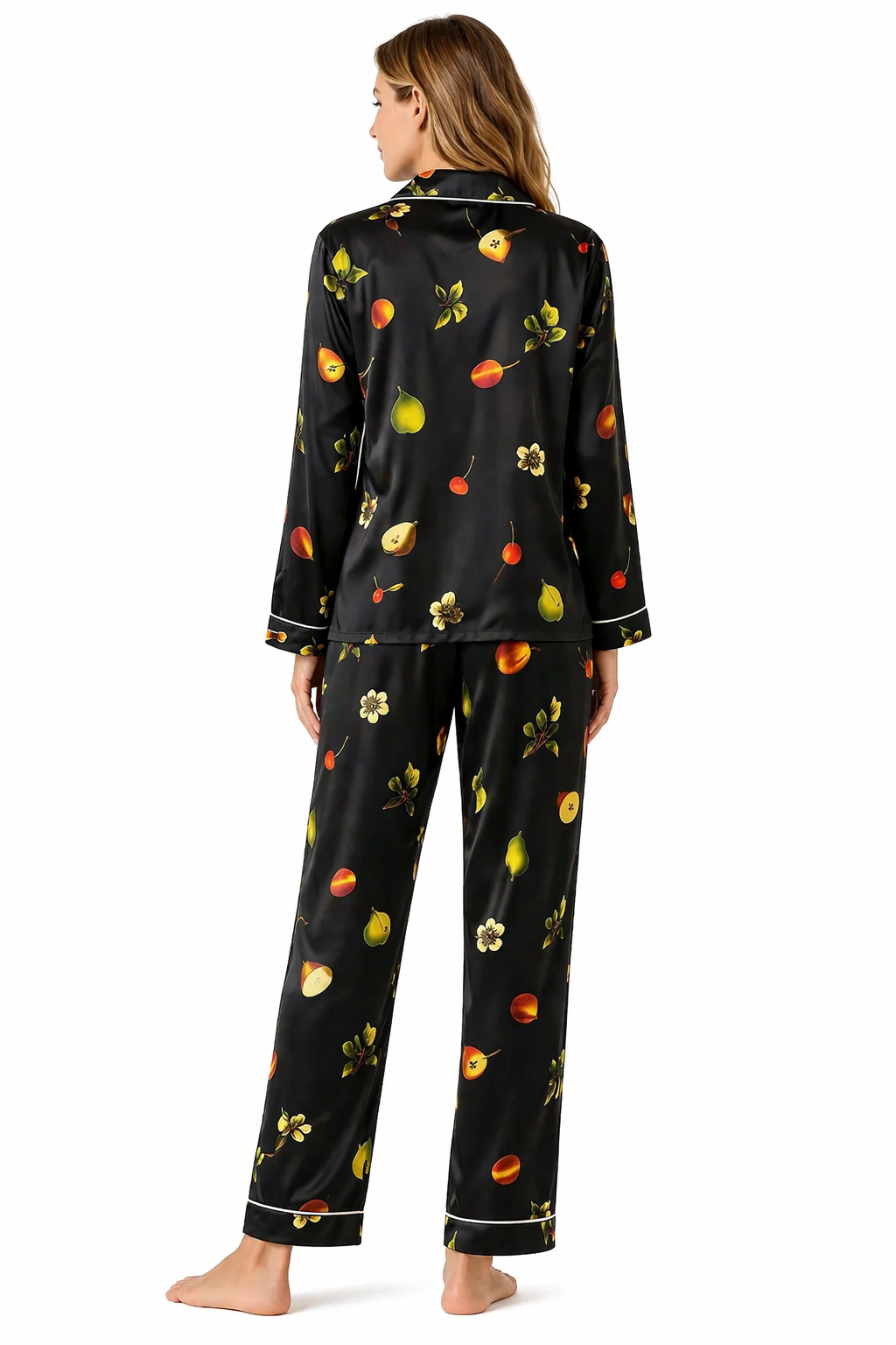Black satin pajamas with fruit pattern side view