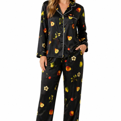 Black satin pajamas with fruit pattern front view