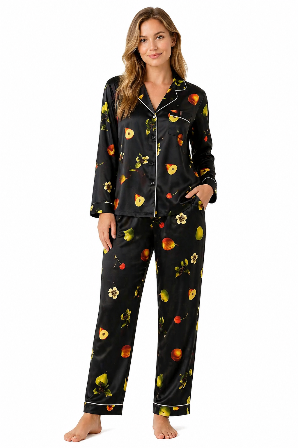 Black satin pajamas with fruit pattern front view