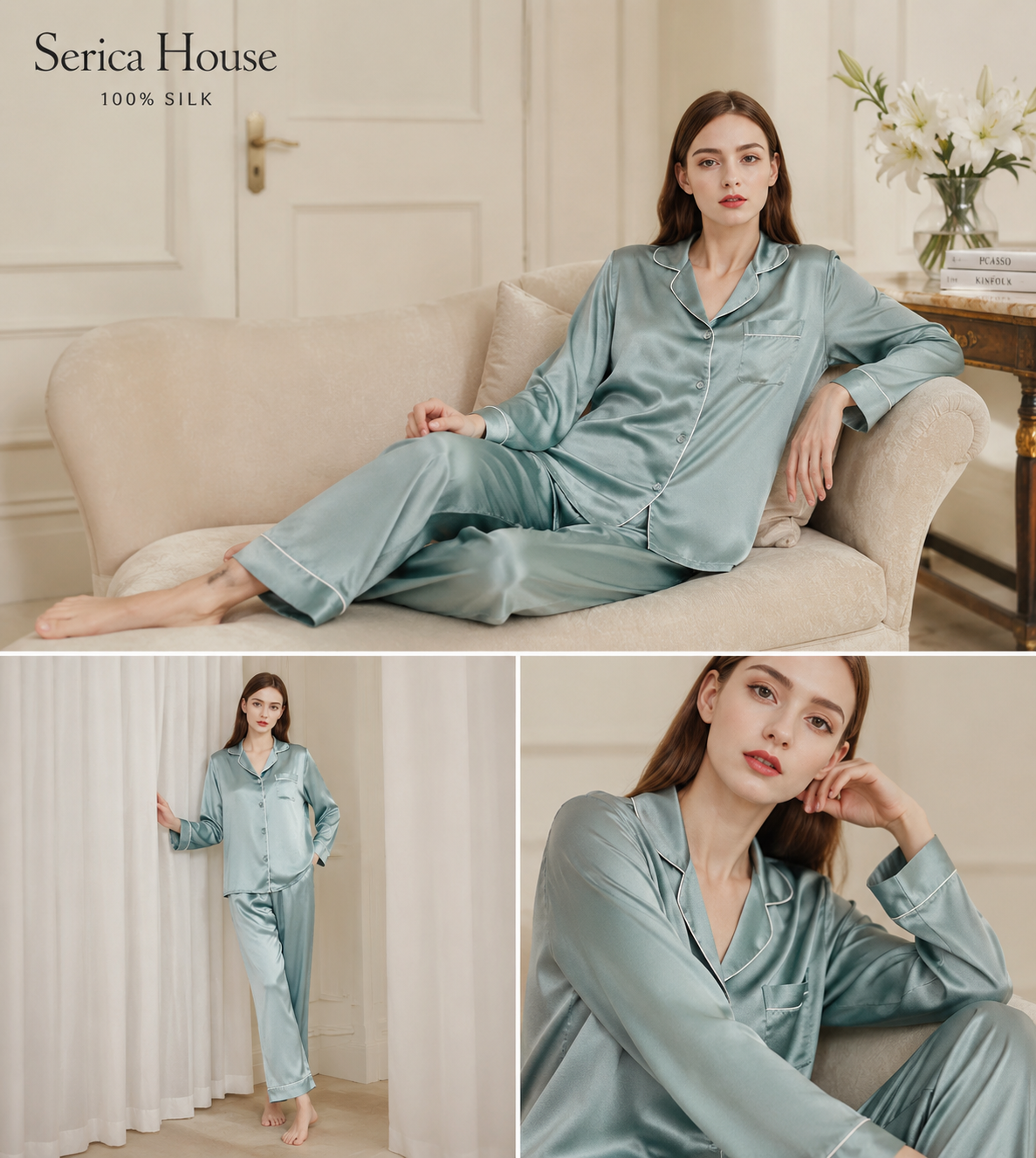 Woman in teal silk pajama set on sofa