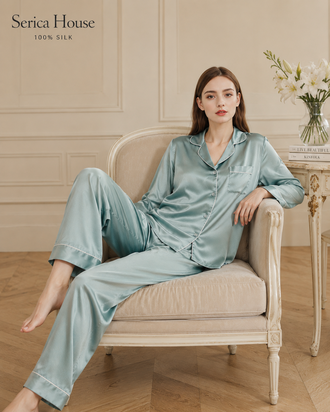 Aqua silk pajama set seated on armchair