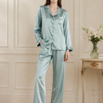 Aqua silk pajama set front view with pockets