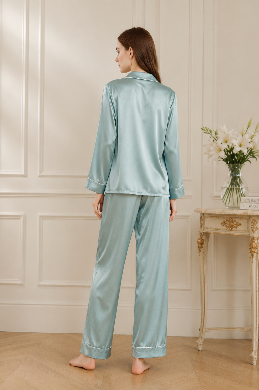Aqua silk pajama set back view with buttons