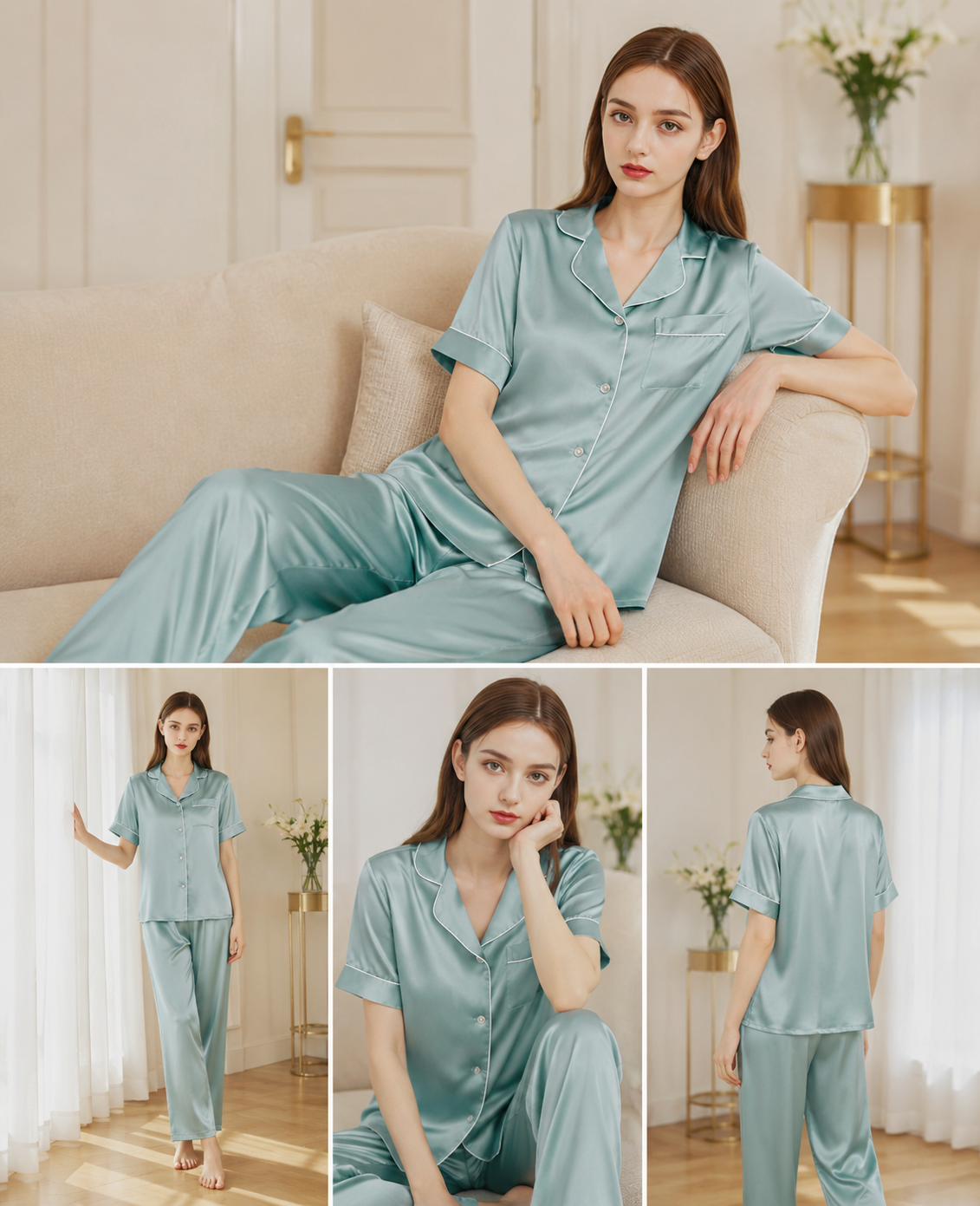Light blue satin pajama set various poses