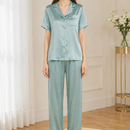 Front view light blue satin pajama set