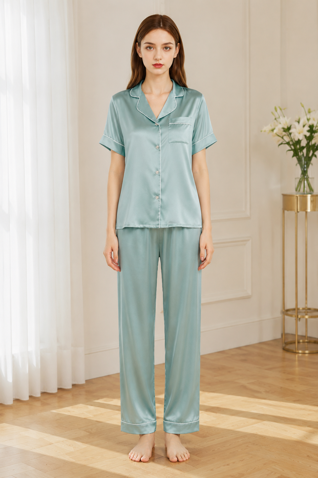 Front view light blue satin pajama set