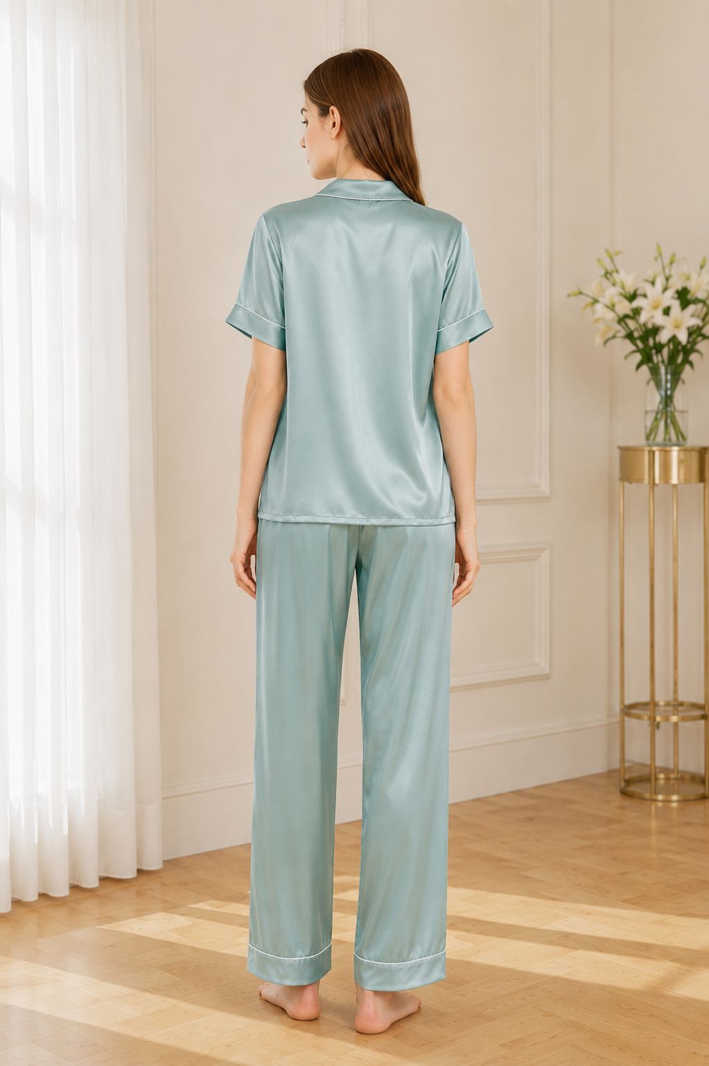 Back view light blue satin pajama set