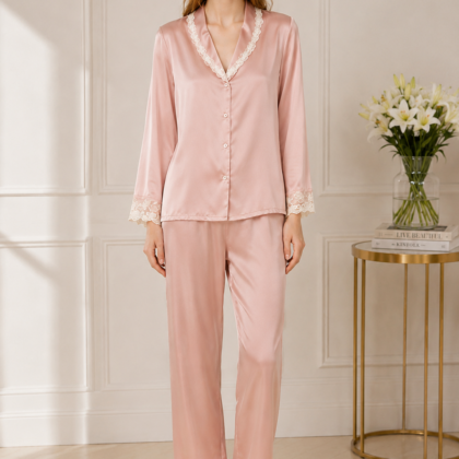 Blush Pink Lace Trim Silk Pajamas | Elegant Touch