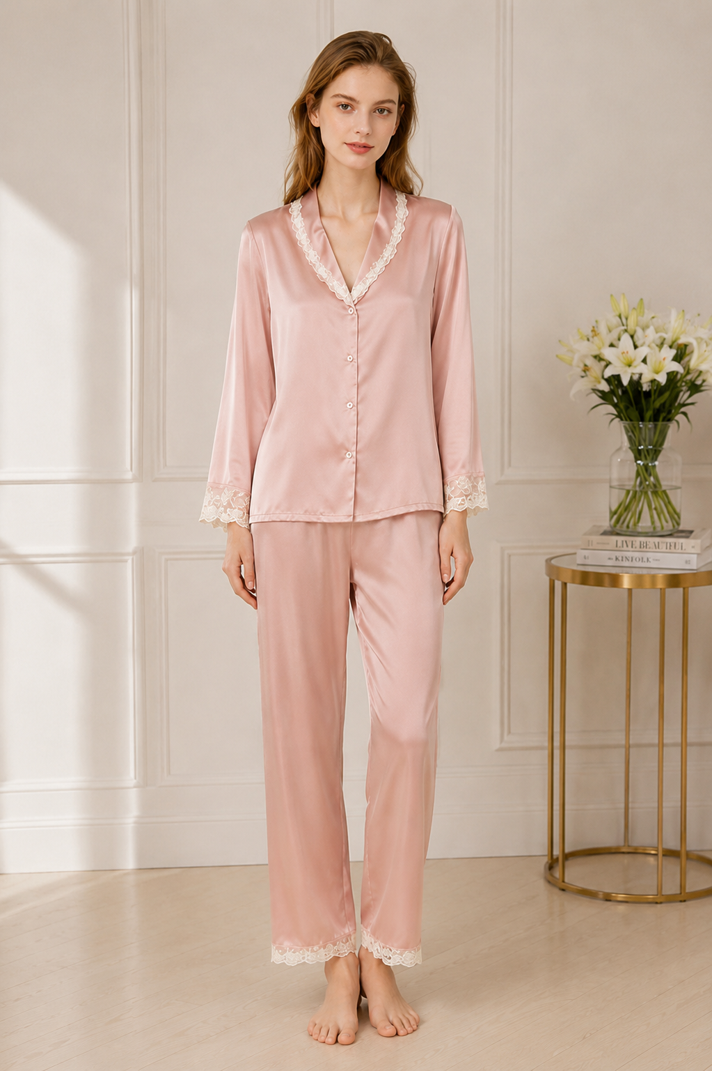 Blush Pink Lace Trim Silk Pajamas | Elegant Touch