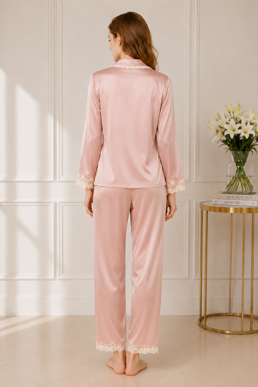 Blush Pink Lace Trim Silk Pajamas | Elegant Touch - Image 3