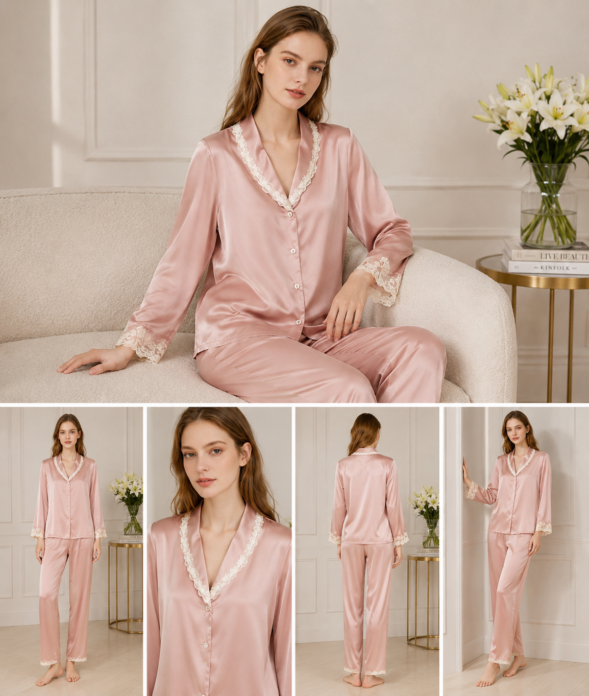 Blush Pink Lace Trim Silk Pajamas | Elegant Touch - Image 4