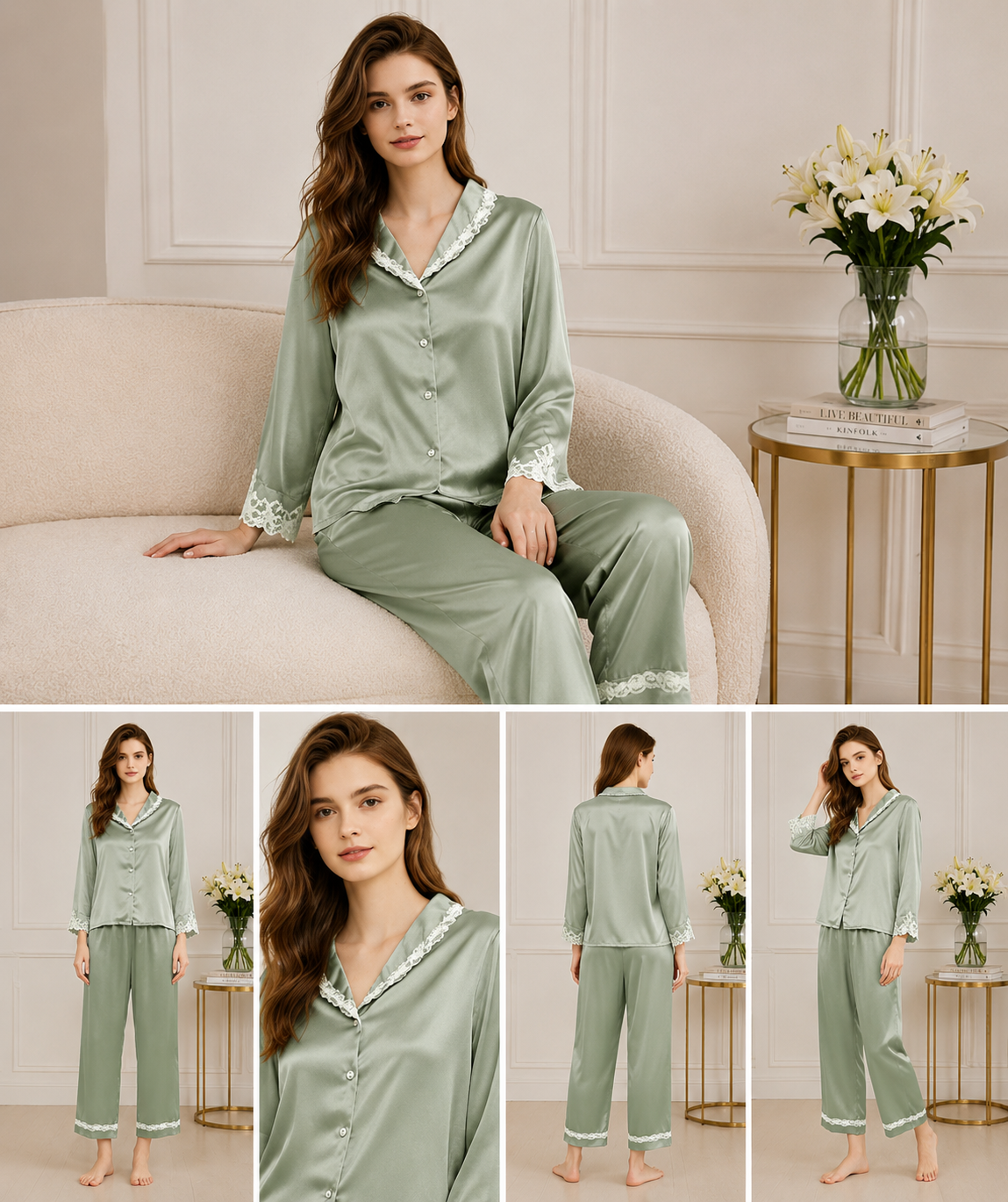 Sage Green Lace Trim Silk Pajamas | Serica House - Image 4
