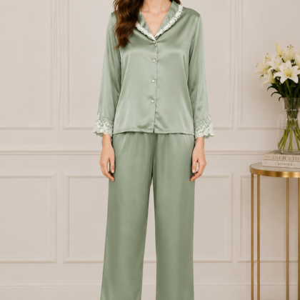 Sage Green Lace Trim Silk Pajamas | Serica House