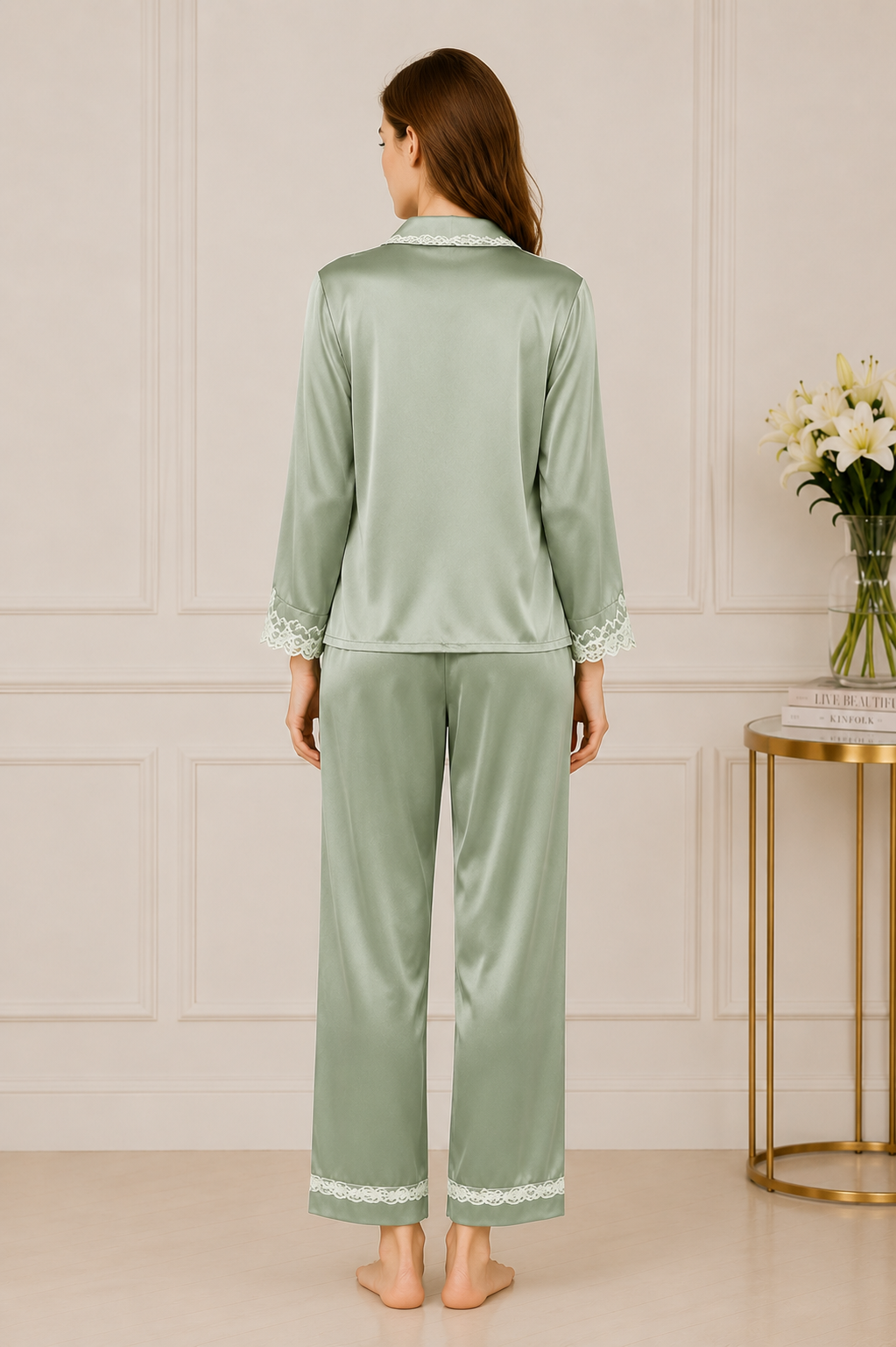 Sage Green Lace Trim Silk Pajamas | Serica House - Image 3