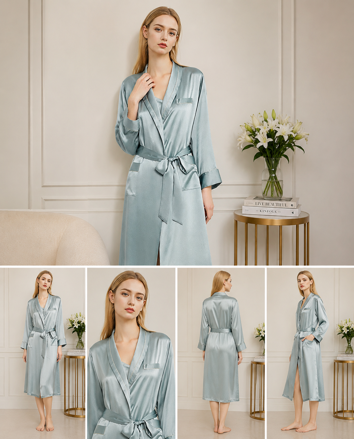 Sage Silver Blue Silk Robe – Luxury Comfort - Image 4