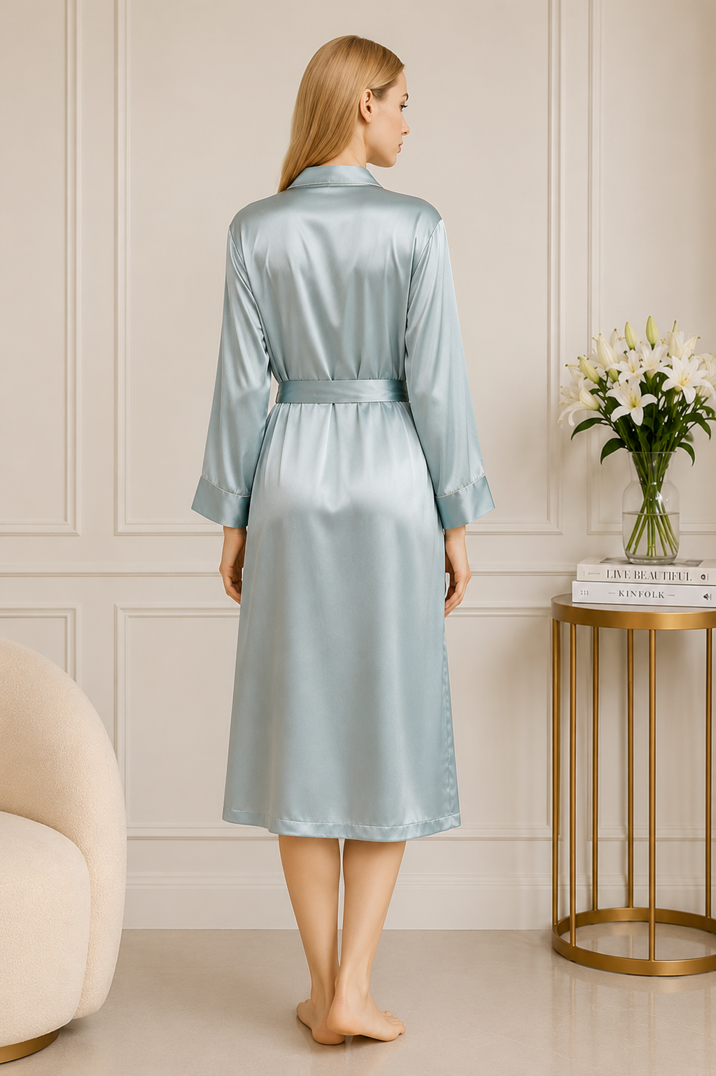 Sage Silver Blue Silk Robe – Luxury Comfort - Image 3