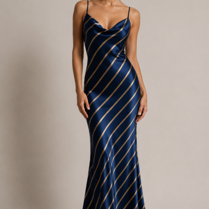 Navy silk dress with gold diagonal stripes front