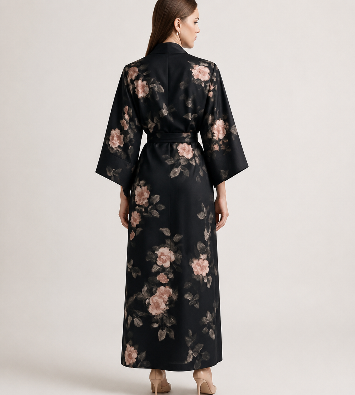 Black silk robe with pink floral pattern