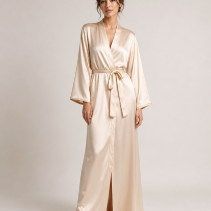 Champagne silk robe with belt and kimono sleeves