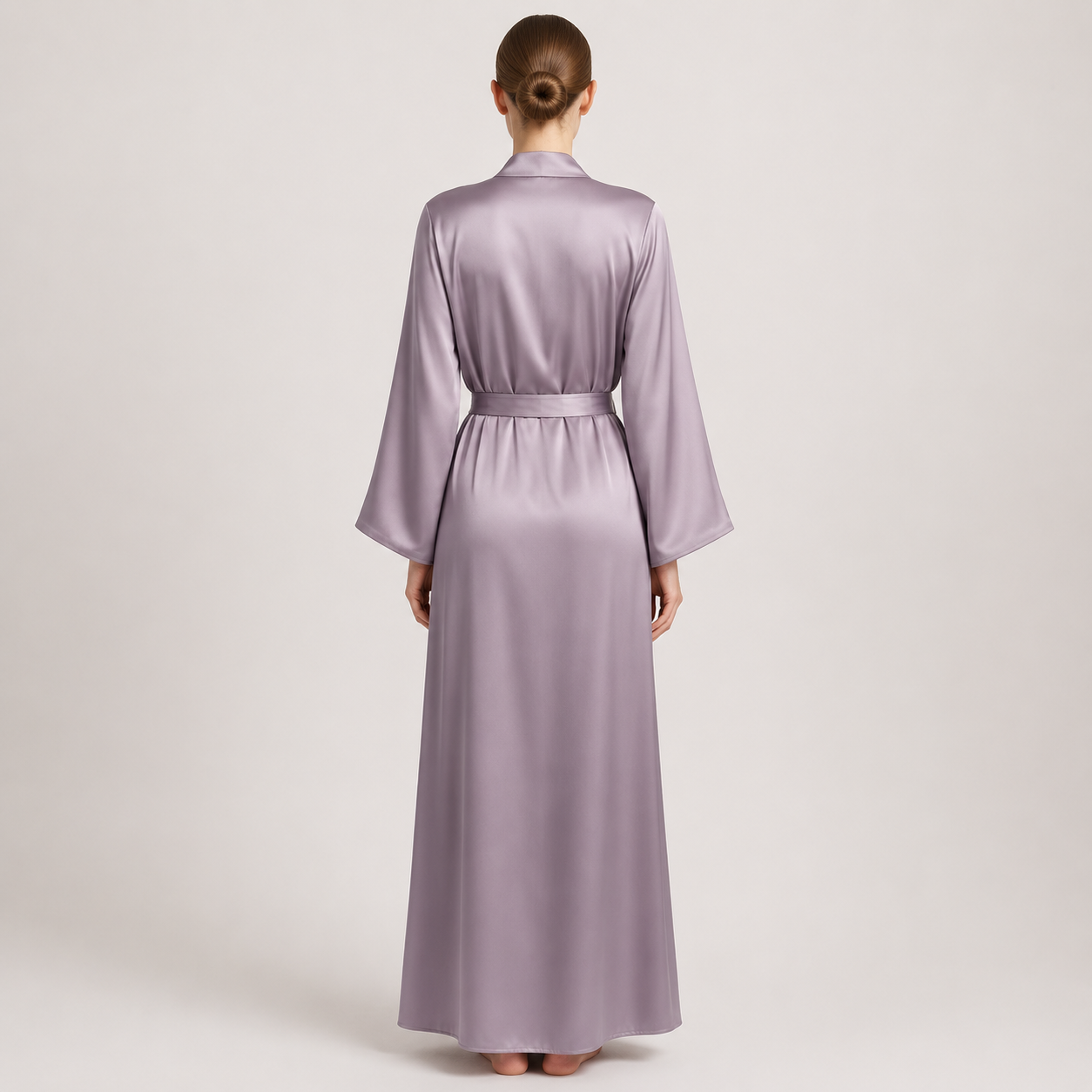 Lavender silk robe with belt rear view