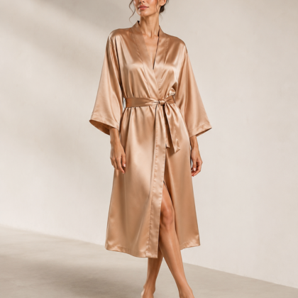 Warm Nude Long Silk Kimono Robe | Serica