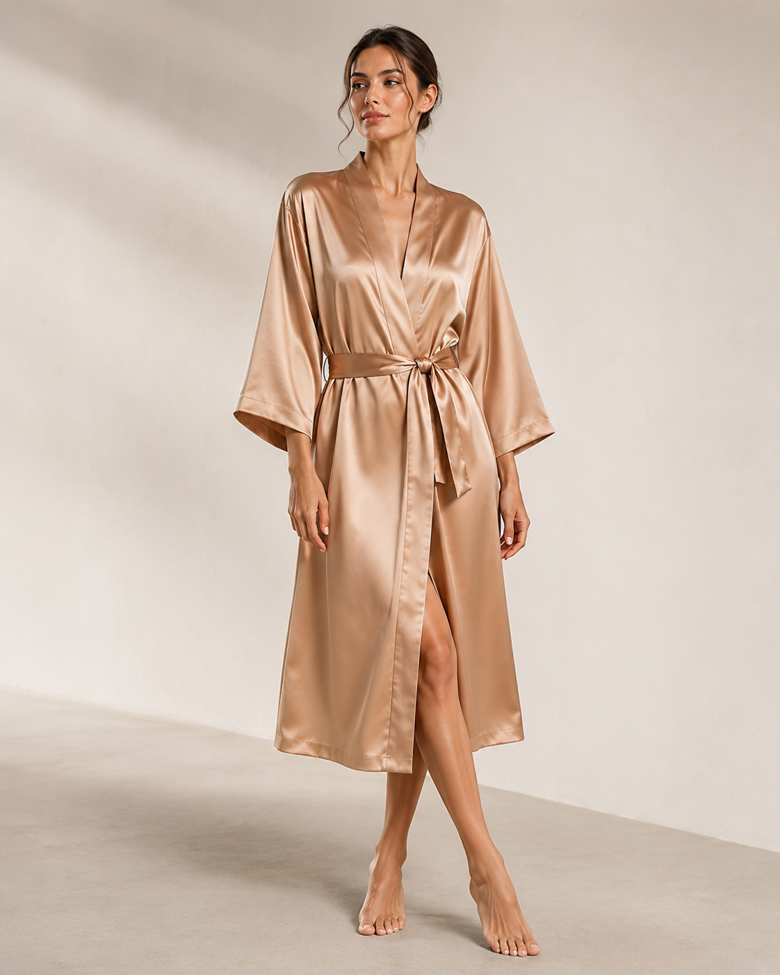 Warm Nude Long Silk Kimono Robe | Serica