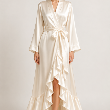 Ivory Ruffle-Hem Silk Robe | Serica House