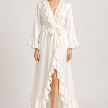 White satin robe with ruffled trim, front view