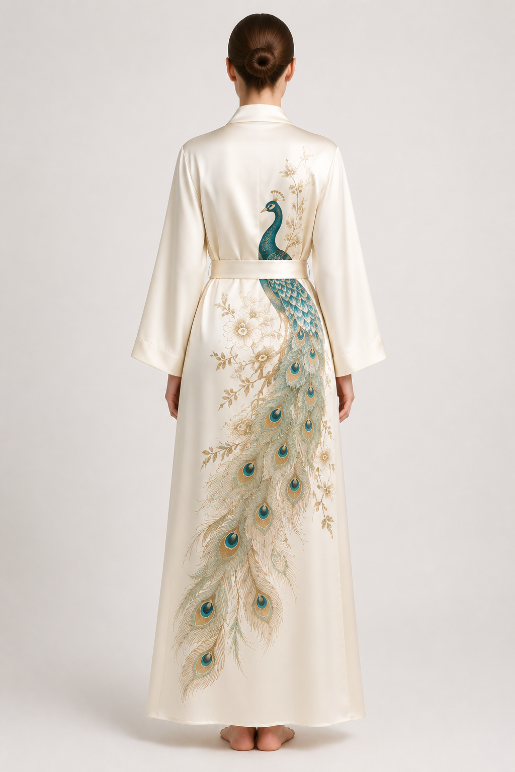 Back view cream silk peacock embroidered robe