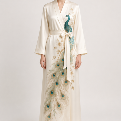 Cream silk robe with peacock embroidery