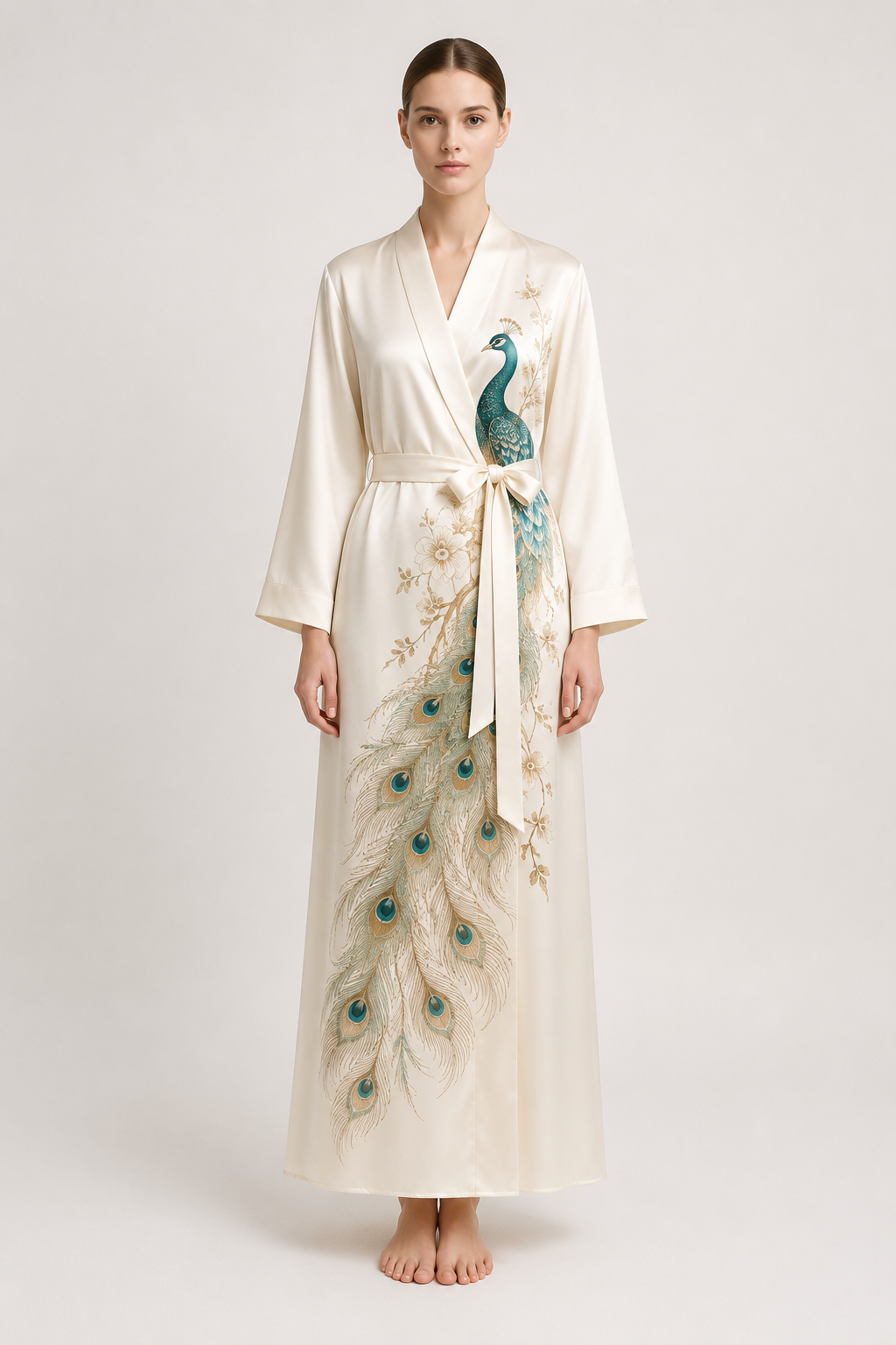 Cream silk robe with peacock embroidery