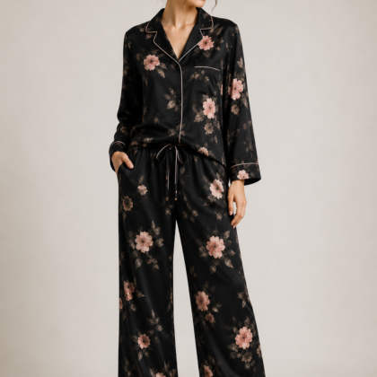 Floral silk pajama set with piped trim