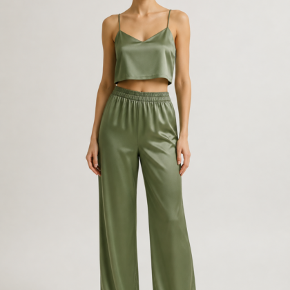 Green satin crop top and wide pants