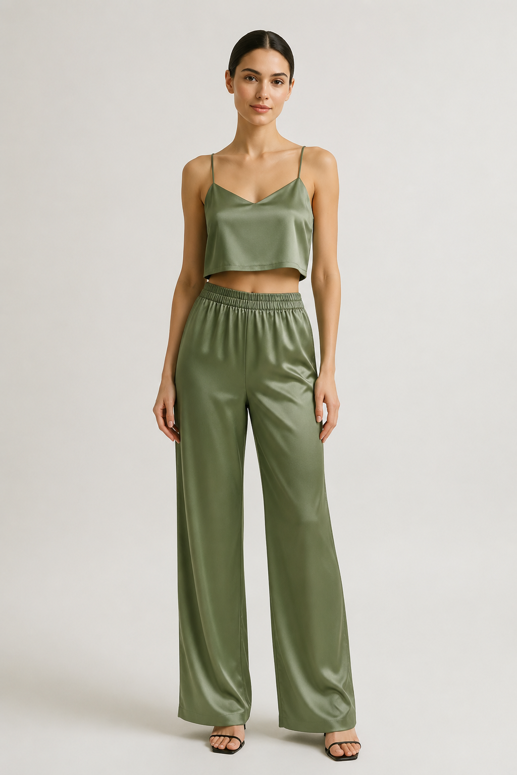 Green satin crop top and wide pants