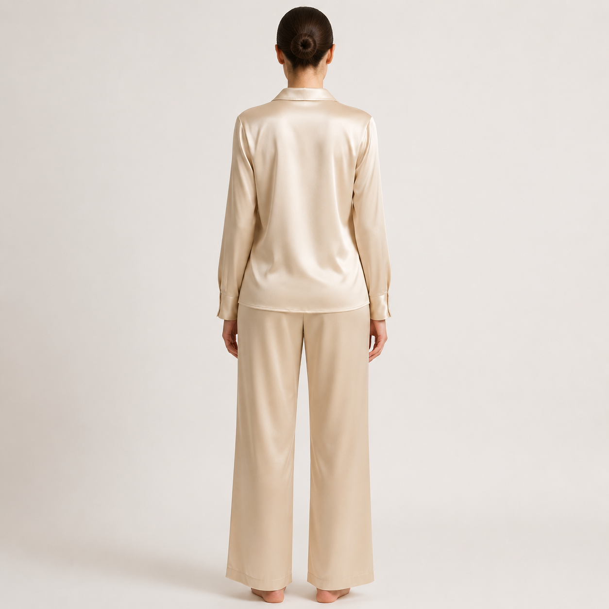 Champagne silk pajama set with long sleeves