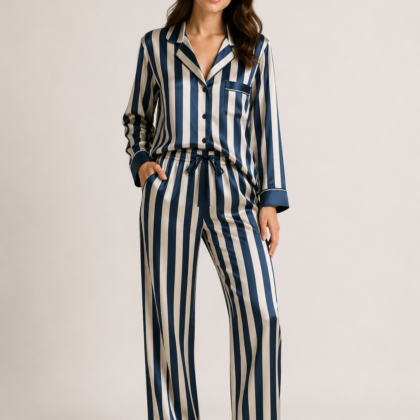 Navy and white striped satin pajama set
