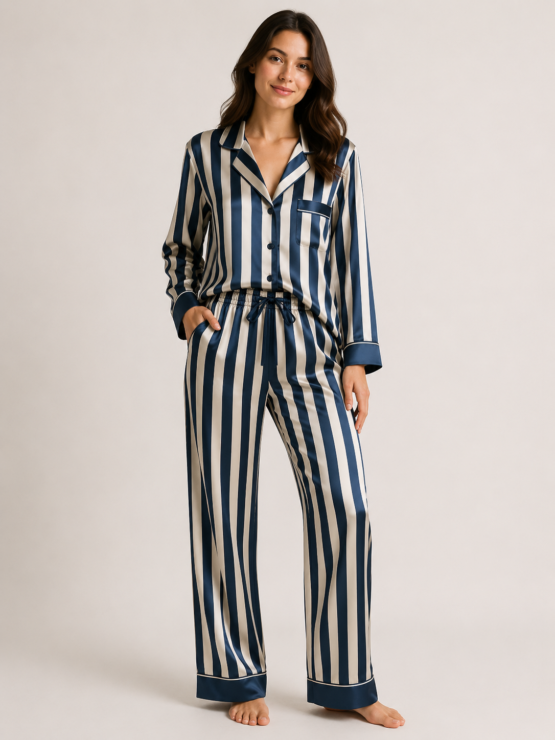 Navy and white striped satin pajama set