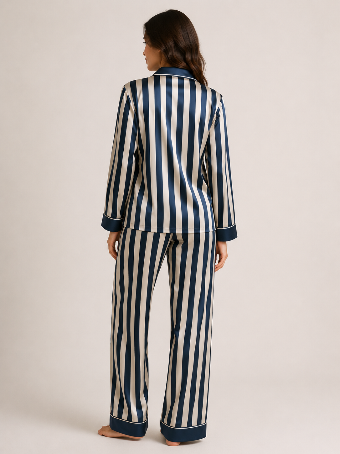 Blue and white striped silk pajama set back view