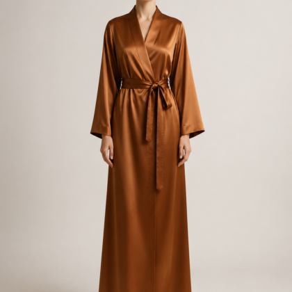Copper silk robe with belt and kimono sleeves