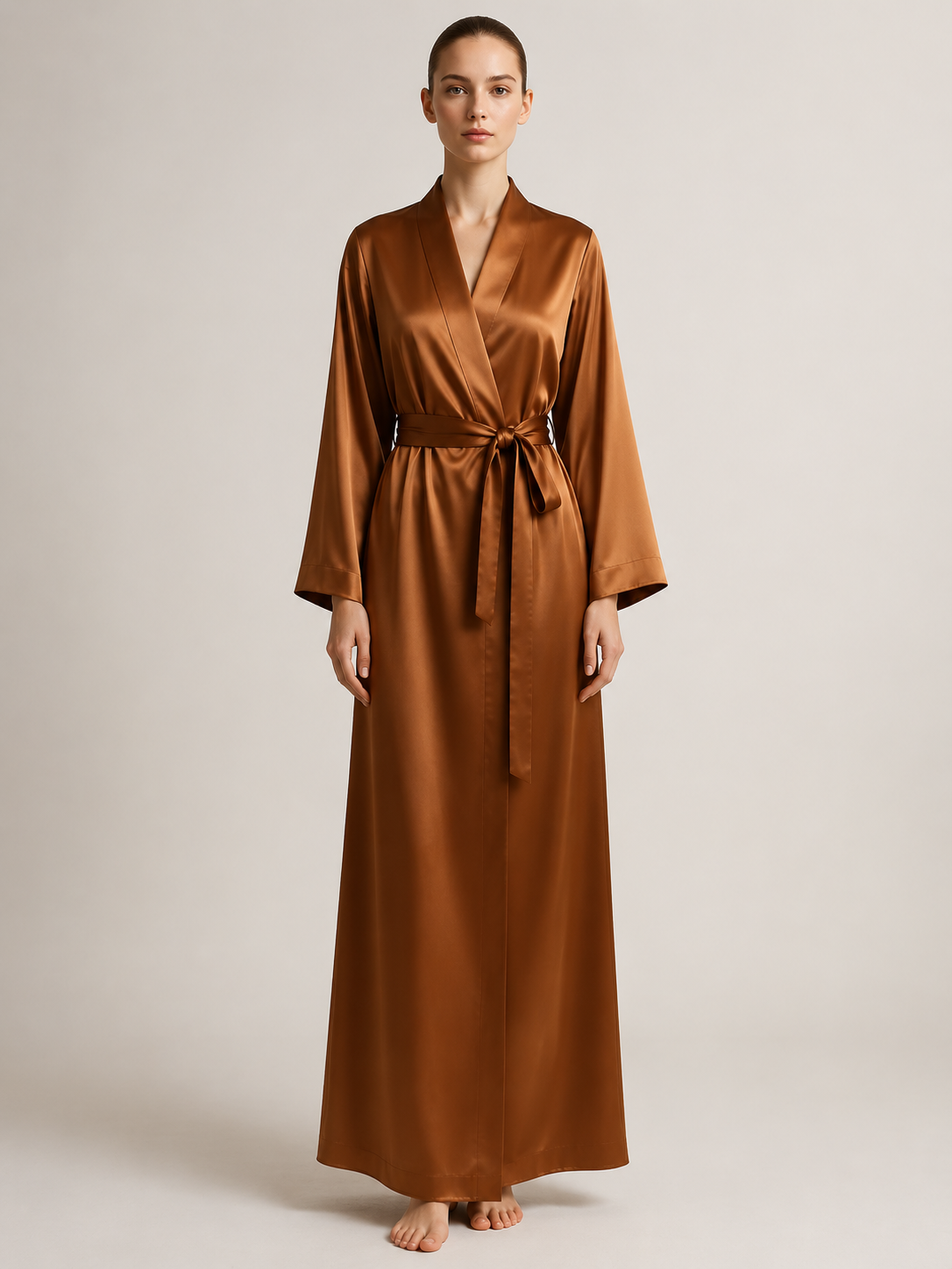 Copper silk robe with belt and kimono sleeves