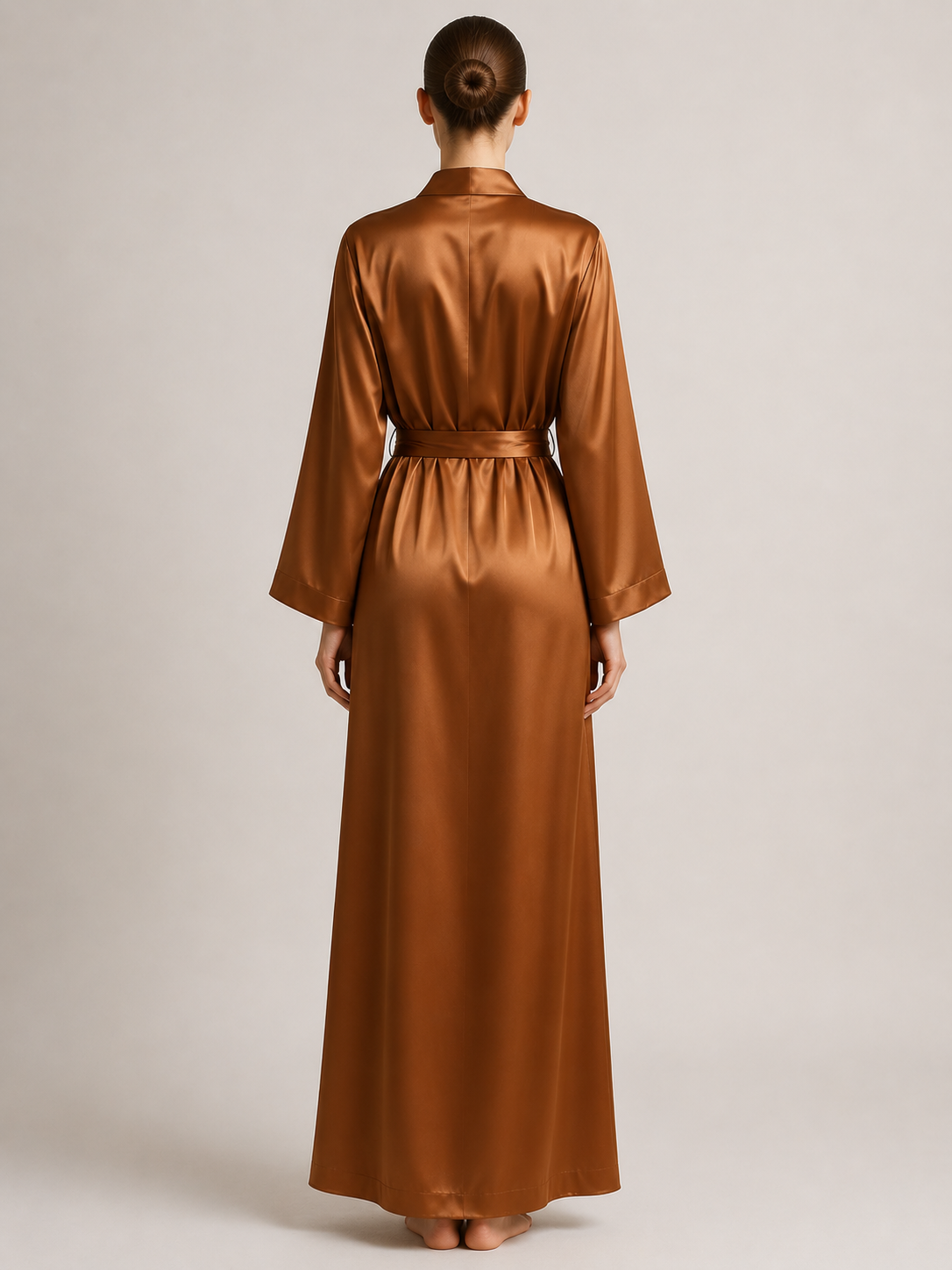 Bronze silk robe with tie waist back view